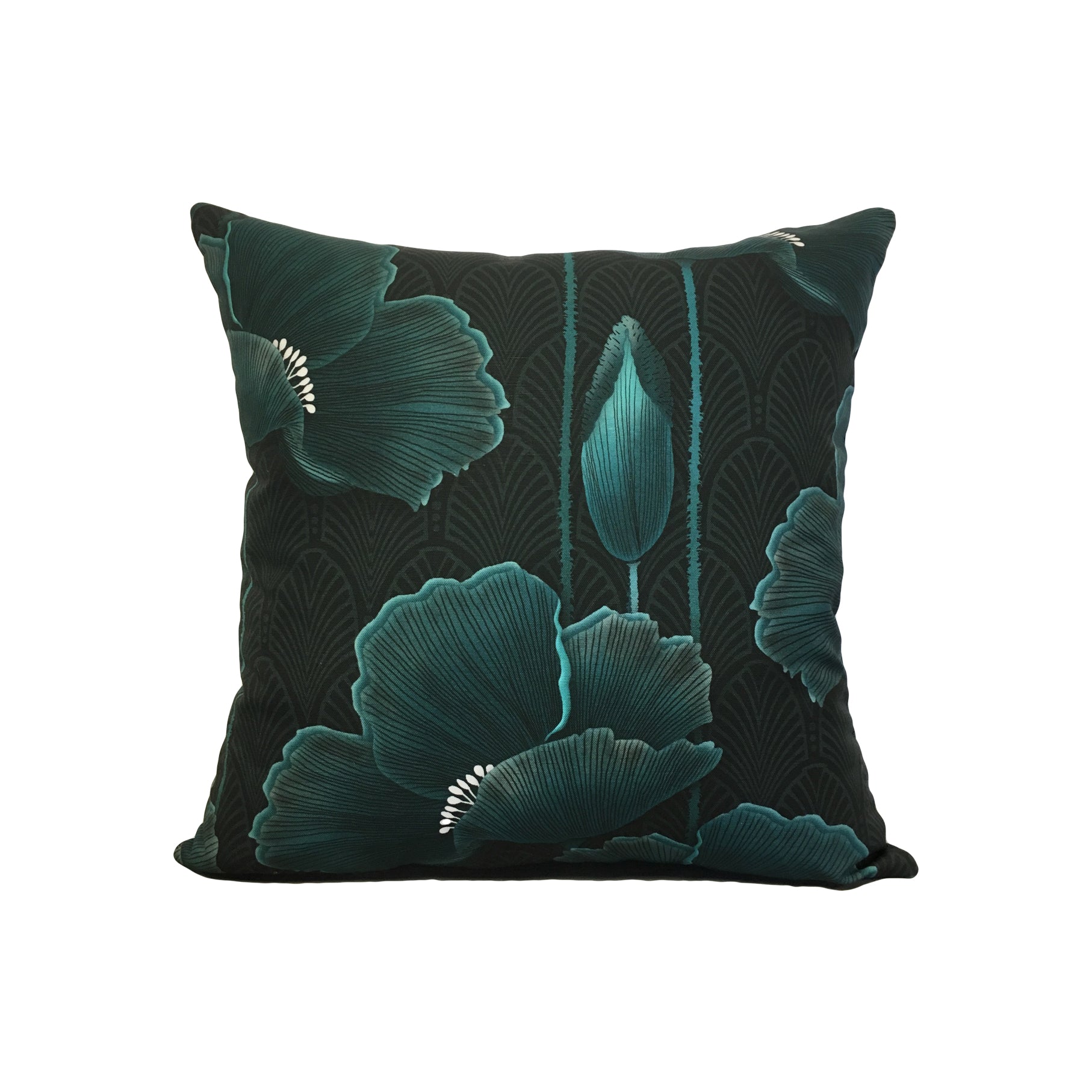 Art Deco Poppies Teal Throw Pillow 17x17"