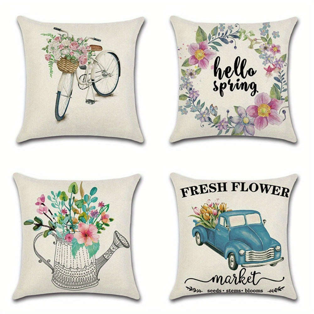 4pcs Floral & Vintage Car Printed Pillow Covers - Double-Sided Polyester Zipper Closure Cushion Cases, Machine Washable Contemporary Home Decor for Living Room, Bedroom, Sofa (Pillow Inserts Not Included)
