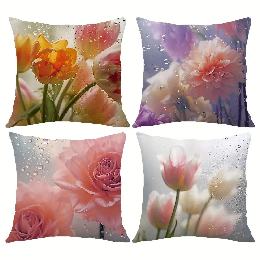 4pcs 17.72X 17.72Inch After The Rain Glass Flower Peach Skin Pillow Four-Piece Set Car Cushion Cover Living Room Sofa Bedroom Pillow Bedside Backrest Pillowcase Home Decoration Pillow Coreless Double-Sided Printing