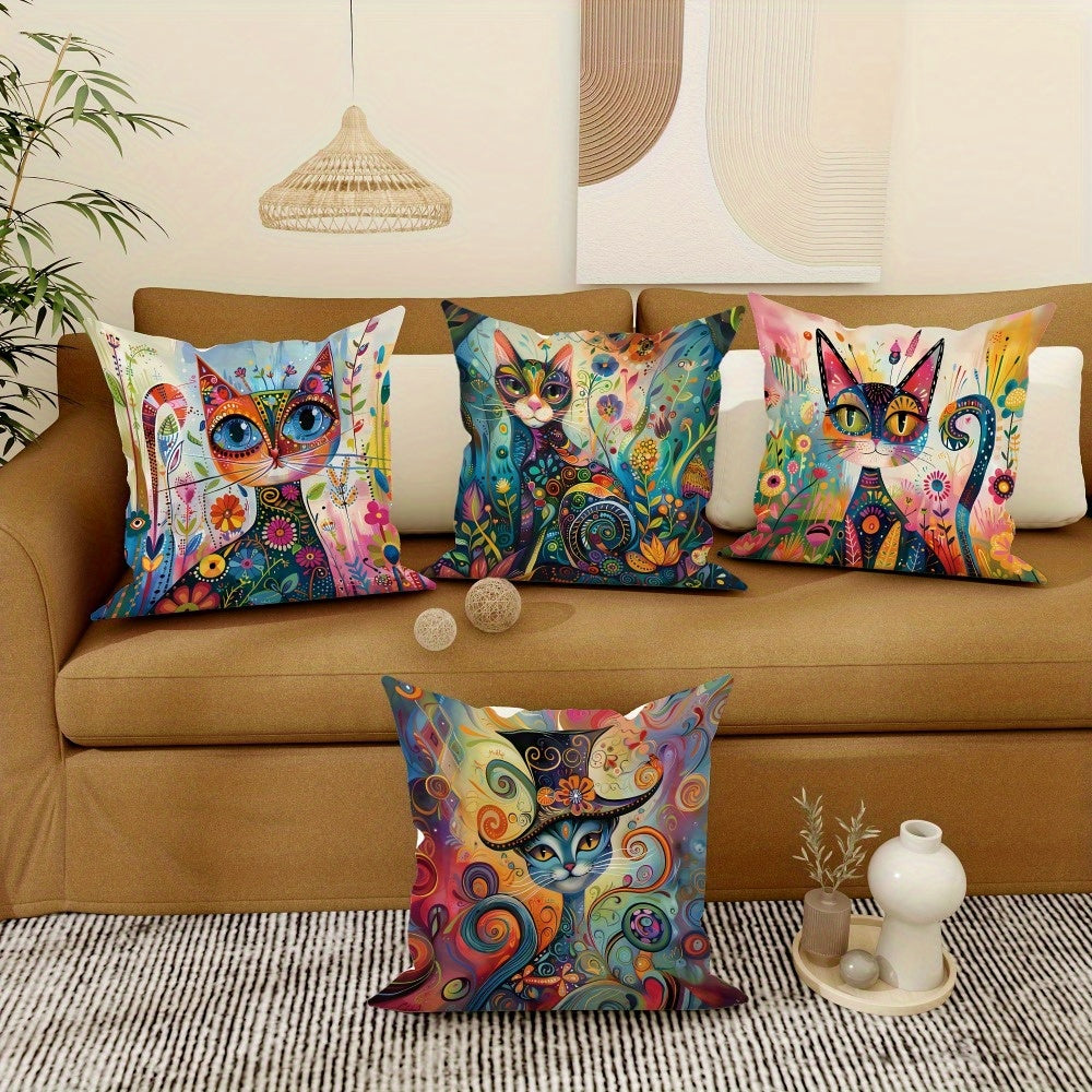 4pcs, Cat Flower Abstract Art Pattern Design Printed Zipper Pillowcase-Double-Sided Polyester Printed Pattern Zipper Closed Home Decoration Living Room, Bedroom And Sofa Home Decoration (Not Included in The Pillow)