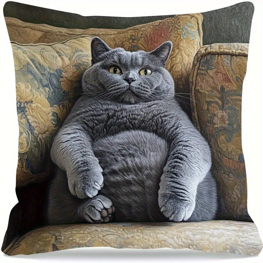 1pc British Shorthair Cat Cushion Cover - Gray, Dual-Sided Printed Pillow Case with Zipper Closure, Soft Decorative Pillowcase for Sofa, Living Room, Bedroom - Pet Lover Home Decor Gift, Vintage Aesthetic, Easy Care Fabric, Interior Design Fans