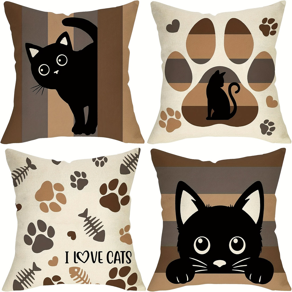 Cartoon Cat Paw Short Polyester Pillowcase Set of Four, Home Living Room Sofa Car Bedroom Decoration- Polyester Fiber Material Double-Sided Printing Coreless, Sofa Accessories, Cozy Home Accents, Playful Decor, Cartoon Design, Soft Material, Easy Care,