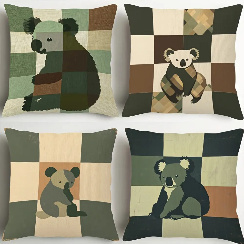 4pcs Vintage Koala Pillow Covers - Double-Sided Printed Koala Silhouettes, Zipper Closure, Machine Washable - for Living Room, Bedroom, Sofa, Car Decor - Modern Farmhouse, Minimalist, Bohemian Home Decoration - No Insert Needed - Perfect Housewarming
