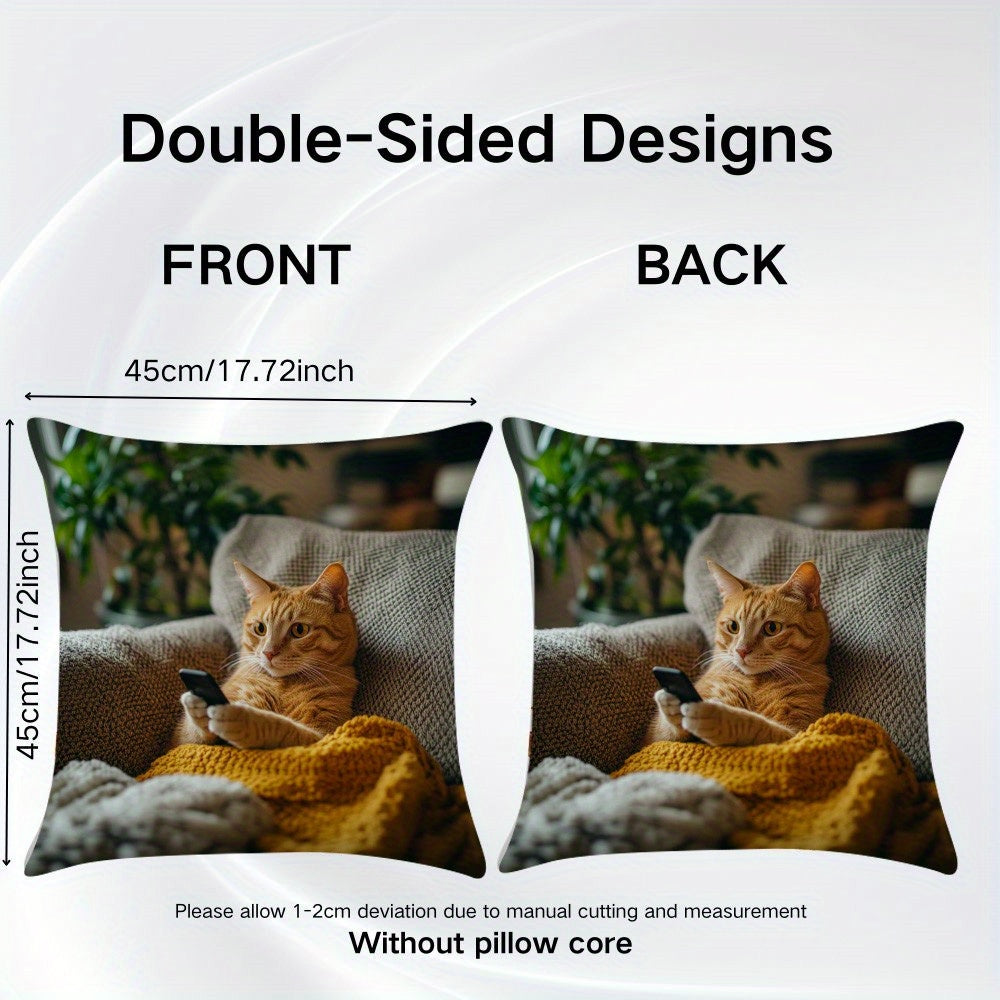 1pc Vintage-Style Throw Pillow Cover with Adorable Cat & Phone Design - Durable Polyester, Double-Sided Print, Zipper Closure, Machine Washable - Ideal for Living Room & Sofa Decor, Cat Decor