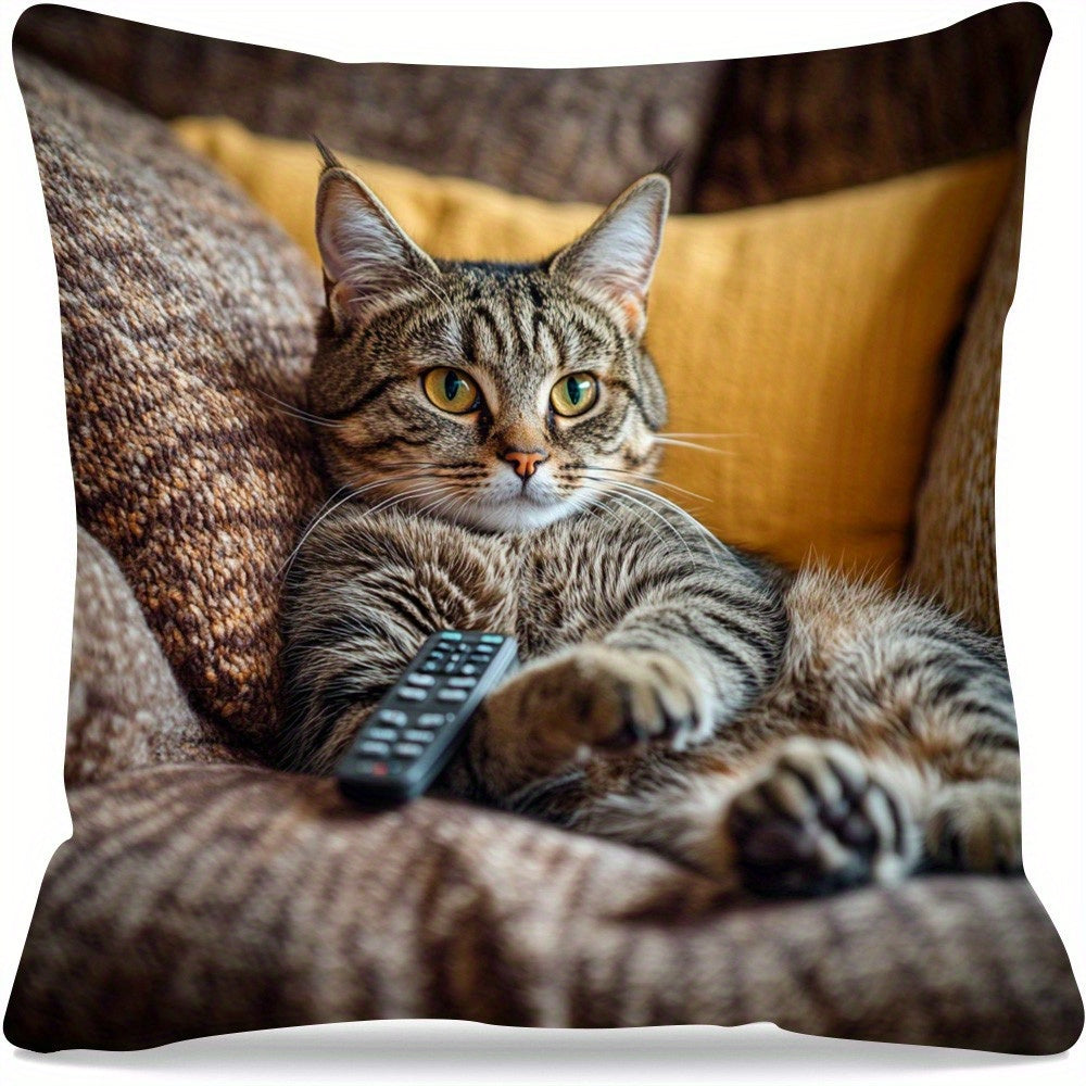 Double-Sided 1pc Modern Hypoallergenic Pillowcase Cute Fat Cat and Remote Control Pattern Single-Sided Print Zipper Closure Machine Washable Suitable for Comfortable Bedroom and Living Room Decoration Fun Pattern Soft Fabric Print Cushion Home Decora