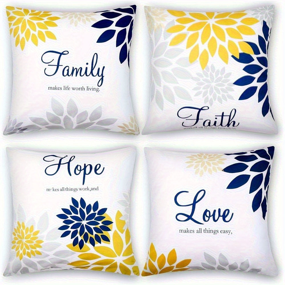 4pcs of Yellow And Navy Blue Floral Pattern Design Printed Zipper Pillowcase-Double-Sided Polyester Printed Pattern Zipper Closure Home Decoration Living Room, Bedroom And Sofa Home Decoration (Not Included in The Pillow)
