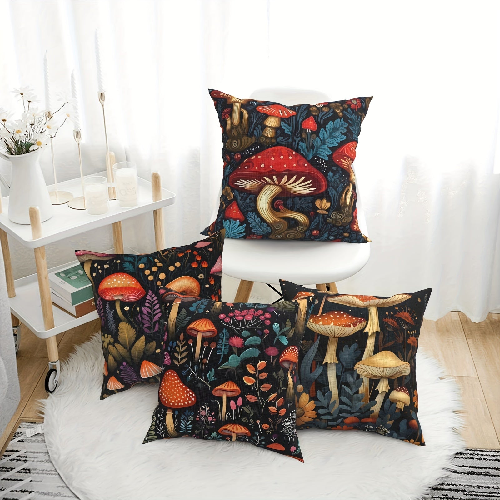 4pcs Double-Sided Printed Polyester Pillow Covers - Enchanted Forest & Mushroom Design, Vibrant Colors, Zipper Closure, Machine Washable for Sofa, Bed, Car, Modern & Farmhouse Decor, Sofa Accessories, Bedroom Enhancement, Easy Care Fabric, Detailed