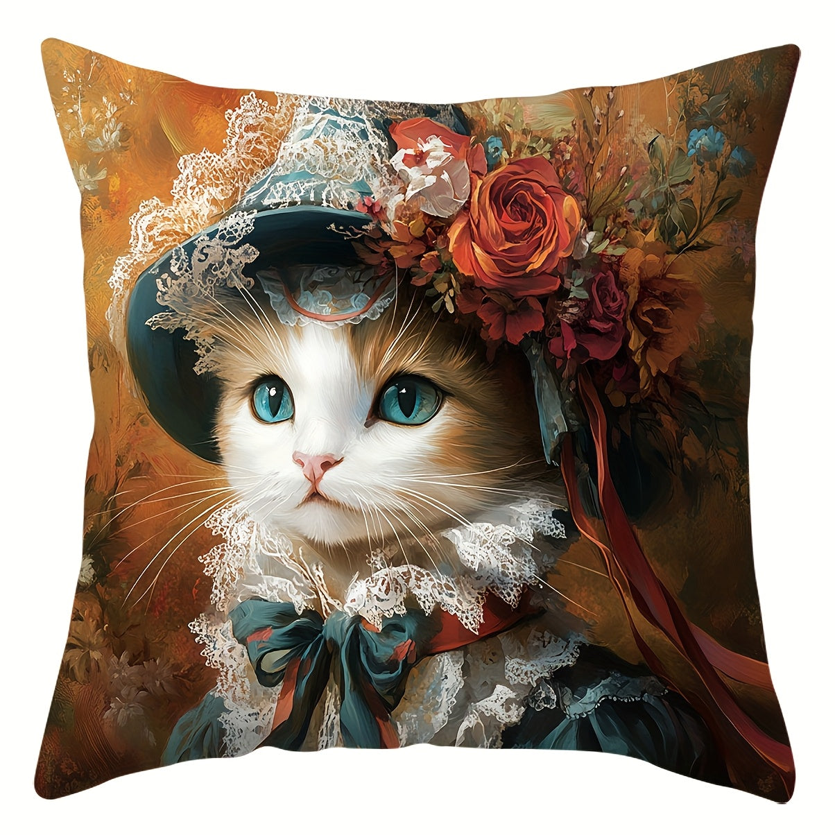 [Victorian Cat Pillow Covers] 4pcs Victorian Elegant Cat Throw Pillow Covers - Large 17.72x17.72 Inch Square Cushion Cases with Zipper Closure, Floral - for Sofa, Bed, Car, Living Room Decor - Pillow Inserts Not Included - Perfect Gift for Cat Lovers,