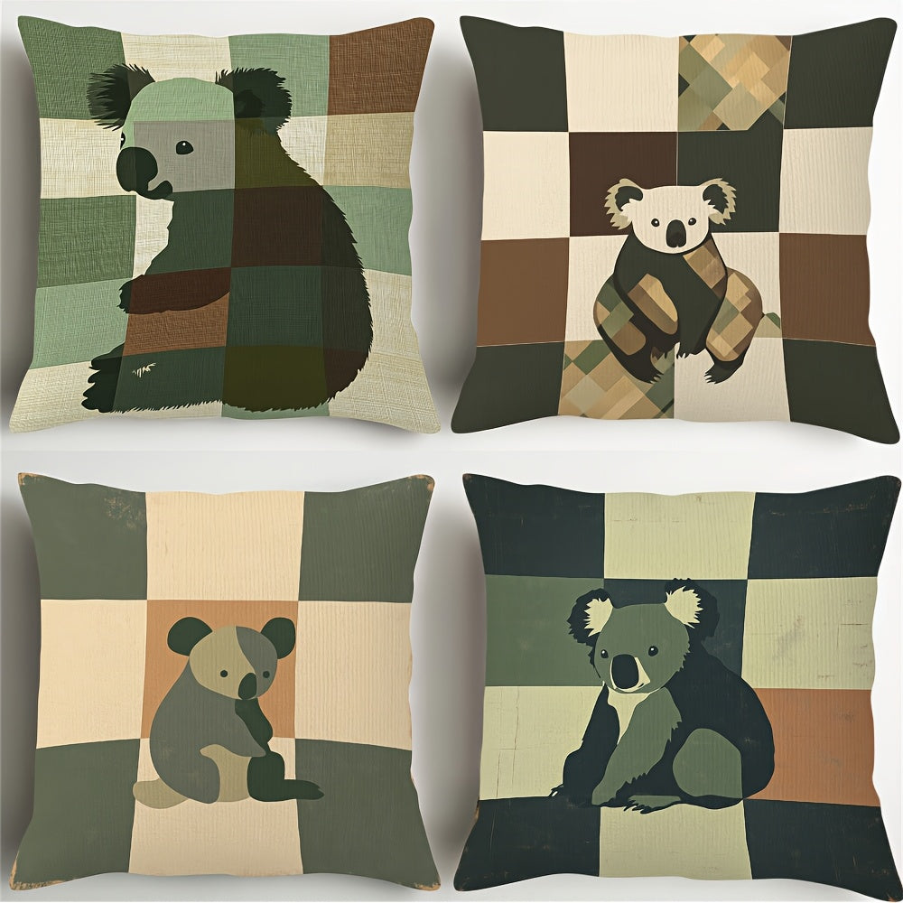 4pcs Vintage Koala Silhouette Pillow Covers, Colorful Double-Sided Print, Stitched Details, Zipper Closure, Machine Washable- Perfect for Bedroom, Living Room, Sofa, And Car Decoration(No Filling), Bedroom Decoration| Checkered Pattern| Durab, Bed Pillows