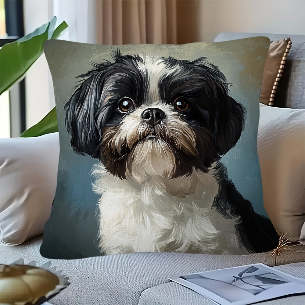 1pc, 2d flat printing, Non-real embroidery, Cute Shih Tzu dog double-sided printed short plush pillow cover, suitable for sofa living room bedroom, no pillow coreLKJ1654