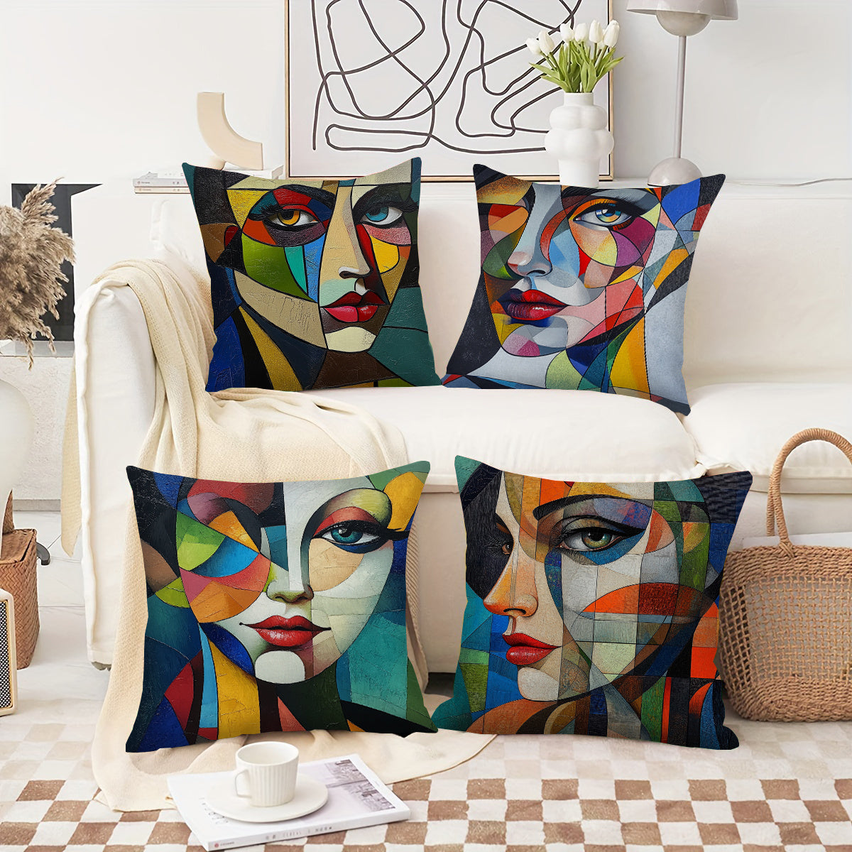 4pcs Geometric Abstract Woman Face Throw Pillow Covers - Double-Sided Printed Polyester Cushion Covers with Zipper Closure, Vibrant Yellow Blue Red Contemporary Art for Living Room, Bedroom, Sofa Decor (No Insert Included), Pillow Covers for Living Room,