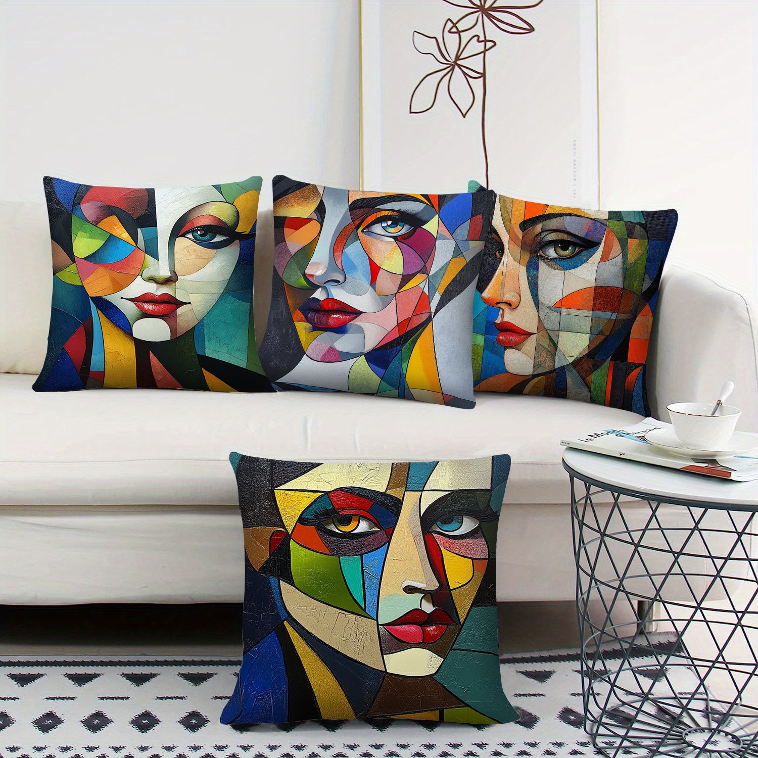 4pcs Geometric Abstract Woman Face Throw Pillow Covers - Double-Sided Printed Polyester Cushion Covers with Zipper Closure, Vibrant Yellow Blue Red Contemporary Art for Living Room, Bedroom, Sofa Decor (No Insert Included), Pillow Covers for Living Room,