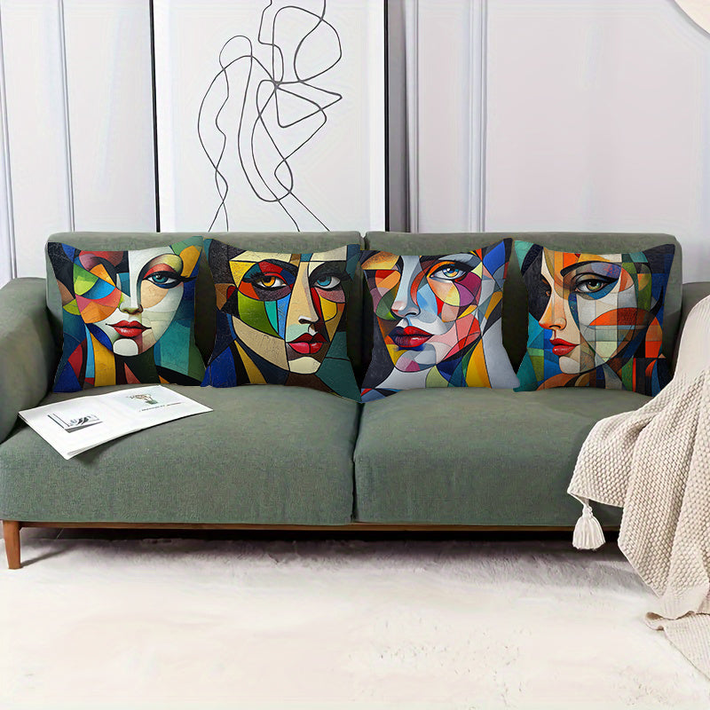 4pcs Geometric Abstract Woman Face Throw Pillow Covers - Double-Sided Printed Polyester Cushion Covers with Zipper Closure, Vibrant Yellow Blue Red Contemporary Art for Living Room, Bedroom, Sofa Decor (No Insert Included), Pillow Covers for Living Room,