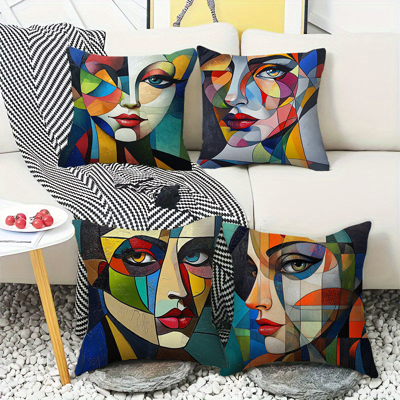 4pcs Geometric Abstract Woman Face Throw Pillow Covers - Double-Sided Printed Polyester Cushion Covers with Zipper Closure, Vibrant Yellow Blue Red Contemporary Art for Living Room, Bedroom, Sofa Decor (No Insert Included), Pillow Covers for Living Room,