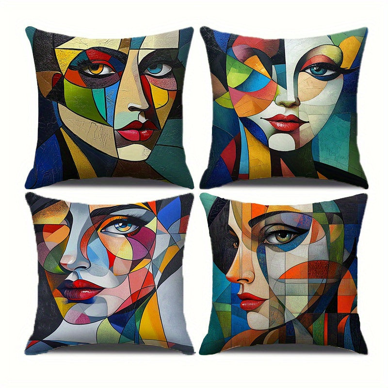 4pcs Geometric Abstract Woman Face Throw Pillow Covers - Double-Sided Printed Polyester Cushion Covers with Zipper Closure, Vibrant Yellow Blue Red Contemporary Art for Living Room, Bedroom, Sofa Decor (No Insert Included), Pillow Covers for Living Room,