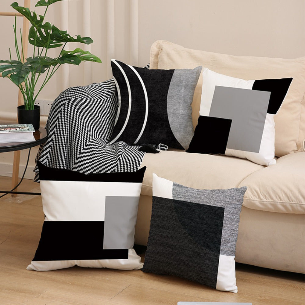 Black 4pcs Geometric Pattern Design Printed Zipper Pillowcase - Double-Sided Polyester Printed Pattern Zipper Closed Home Decoration for Living Room, Bedroom and Sofa (Pillow Not Included)