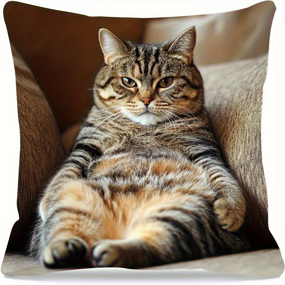 1pc 18.0x18.0inch Contemporary Lazy Cat Throw Pillow Cover - Double-Sided Print, Zipper Closure, Hand Wash Only, Polyester for Living Room, Bedroom, Sofa & Home Decor, Cat Pillow, Bedroom Accessory, Relaxed Cat Design, Smooth Texture Fabric