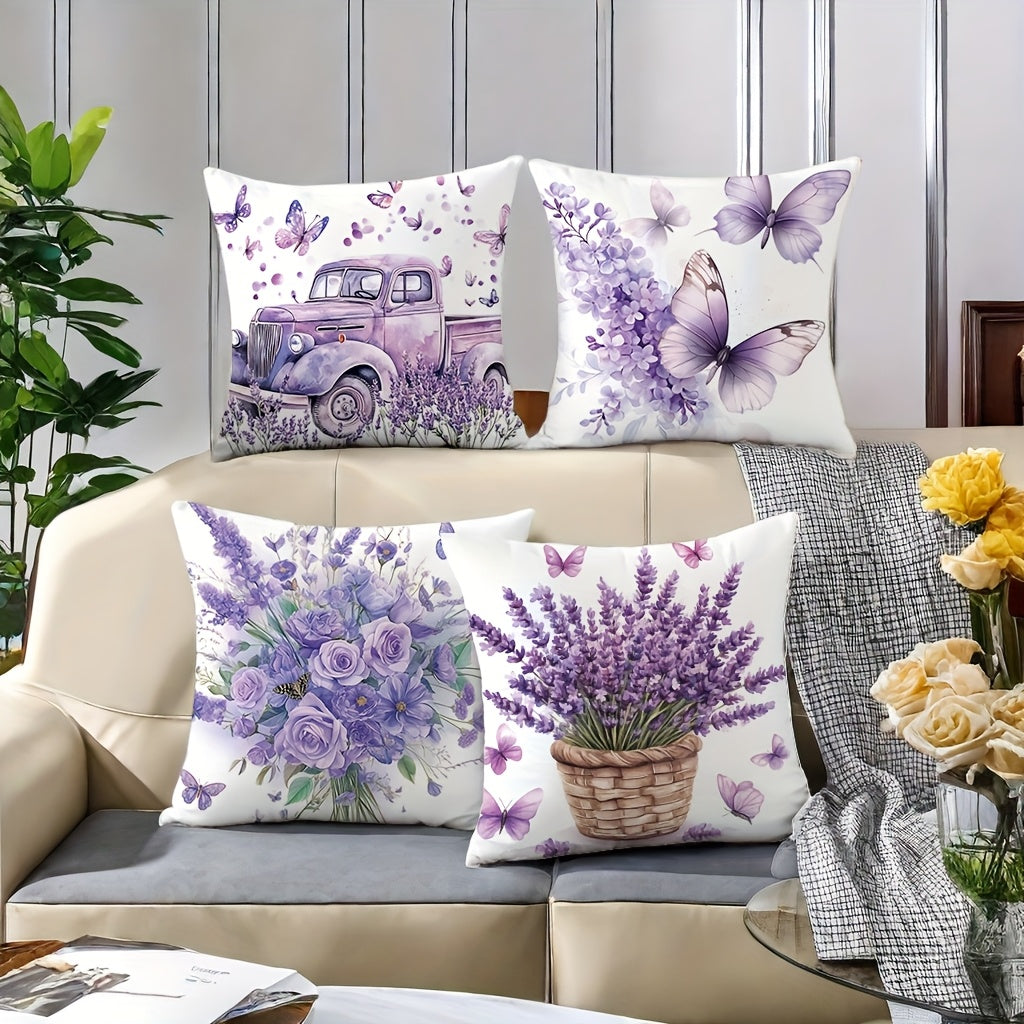 4pcs Spring Floral & Vintage Car Print Pillow Covers - 17.7x17.7 Inch Soft Lavender Decorative Pillowcases, Double-Sided Contemporary Design with Zipper Closure, Machine Washable for Bedroom, Living Room, Sofa Decor, Vintage Pillow Covers, Bedroom