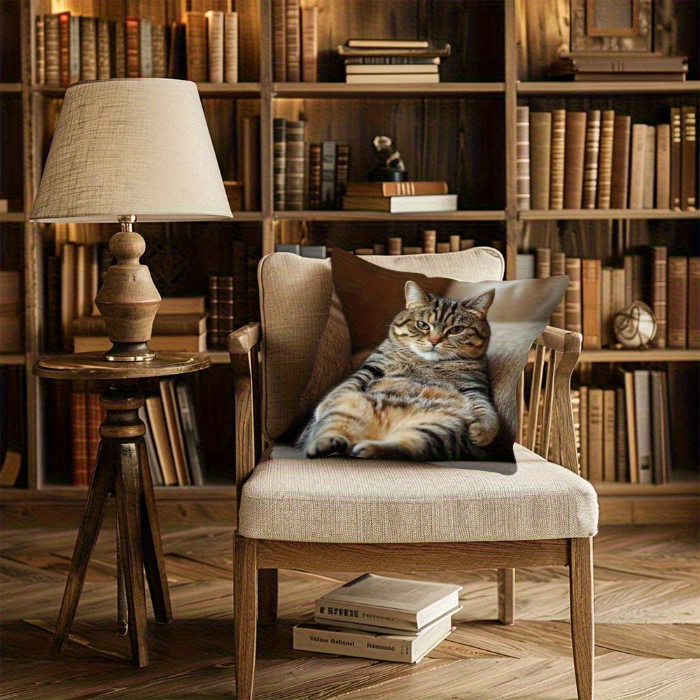 1pc 18.0x18.0inch Contemporary Lazy Cat Throw Pillow Cover - Double-Sided Print, Zipper Closure, Hand Wash Only, Polyester for Living Room, Bedroom, Sofa & Home Decor, Cat Pillow, Bedroom Accessory, Relaxed Cat Design, Smooth Texture Fabric