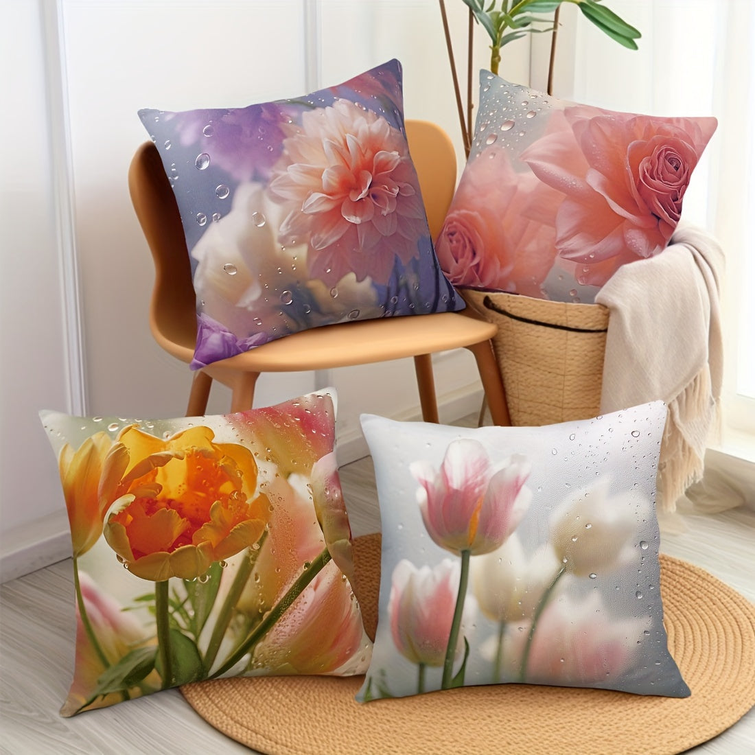 4pcs 17.72X 17.72Inch After The Rain Glass Flower Peach Skin Pillow Four-Piece Set Car Cushion Cover Living Room Sofa Bedroom Pillow Bedside Backrest Pillowcase Home Decoration Pillow Coreless Double-Sided Printing