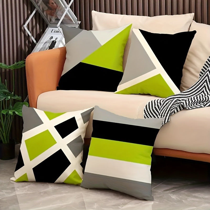 4pcs Modern Geometric Print Pillow Covers - Green Black White Gray Lime Accents, Double-Sided Soft Fabric with Zipper Closure, Hand Wash Only for Sofa Bed Living Room Bedroom Patio Car Office Decor, Pillow Covers for Living Room, Decorative Gift Item,