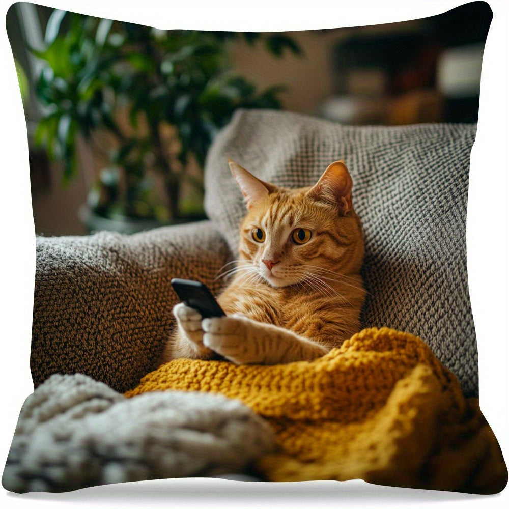 1pc Vintage-Style Throw Pillow Cover with Adorable Cat & Phone Design - Durable Polyester, Double-Sided Print, Zipper Closure, Machine Washable - Ideal for Living Room & Sofa Decor, Cat Decor