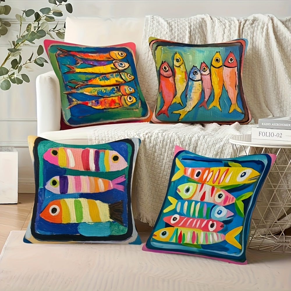 [Ocean Pillow Covers] 4pcs Vibrant Ocean-Themed Pillow Covers, Double-Sided Print, Plush Polyester, Machine Washable with Zipper Closure - Ideal for Car, Farmhouse, Bedroom, Living Room Sofa Decor, Sofa Pillow Covers|Vintage Style Decor|Machine Washable