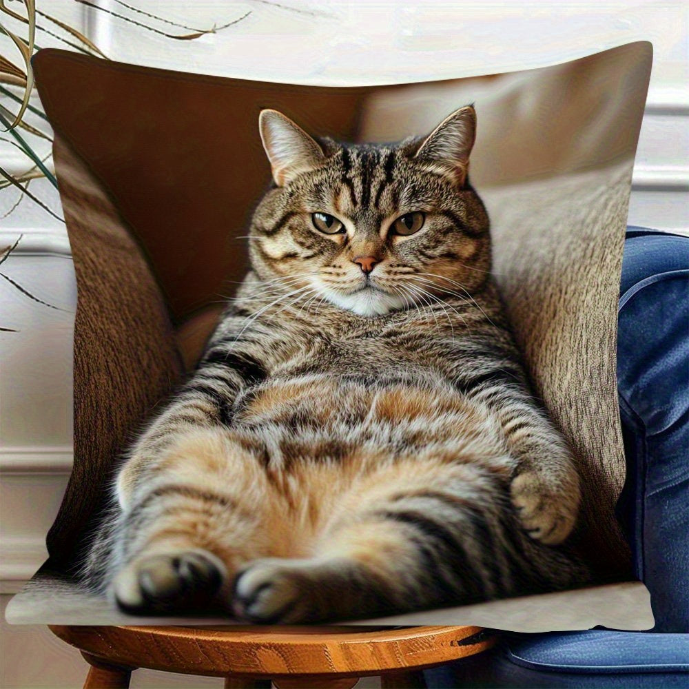 1pc 18.0x18.0inch Contemporary Lazy Cat Throw Pillow Cover - Double-Sided Print, Zipper Closure, Hand Wash Only, Polyester for Living Room, Bedroom, Sofa & Home Decor, Cat Pillow, Bedroom Accessory, Relaxed Cat Design, Smooth Texture Fabric