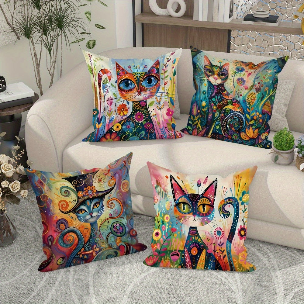 4pcs, Cat Flower Abstract Art Pattern Design Printed Zipper Pillowcase-Double-Sided Polyester Printed Pattern Zipper Closed Home Decoration Living Room, Bedroom And Sofa Home Decoration (Not Included in The Pillow)