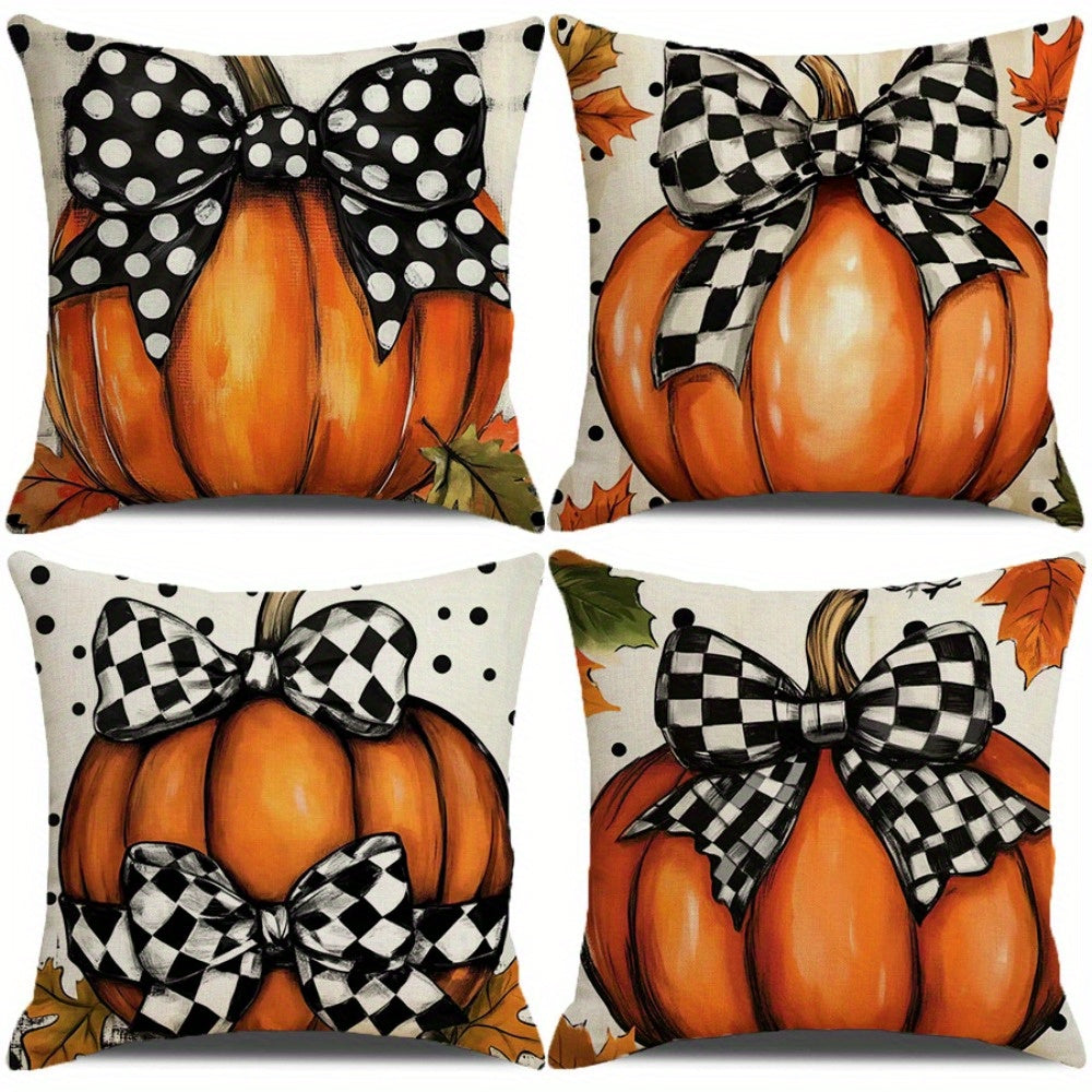 4pcs of Cartoon Niche Bow Pumpkin Printed Zipper Pillowcase-Double-Sided Polyester Printed Pattern Zipper Closed Home Decoration Living Room, Bedroom And Sofa Home Decoration (Not Included in The Pillow)