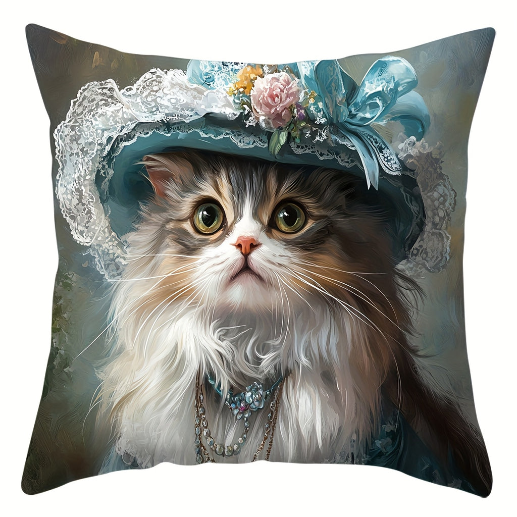 [Victorian Cat Pillow Covers] 4pcs Victorian Elegant Cat Throw Pillow Covers - Large 17.72x17.72 Inch Square Cushion Cases with Zipper Closure, Floral - for Sofa, Bed, Car, Living Room Decor - Pillow Inserts Not Included - Perfect Gift for Cat Lovers,