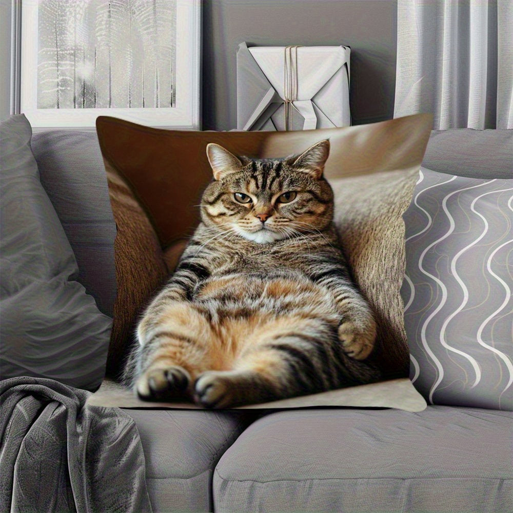 1pc 18.0x18.0inch Contemporary Lazy Cat Throw Pillow Cover - Double-Sided Print, Zipper Closure, Hand Wash Only, Polyester for Living Room, Bedroom, Sofa & Home Decor, Cat Pillow, Bedroom Accessory, Relaxed Cat Design, Smooth Texture Fabric
