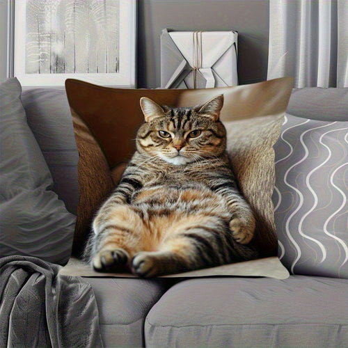 1pc 18.0x18.0inch Contemporary Lazy Cat Throw Pillow Cover - Double-Sided Print, Zipper Closure, Hand Wash Only, Polyester for Living Room, Bedroom, Sofa & Home Decor, Cat Pillow, Bedroom Accessory, Relaxed Cat Design, Smooth Texture Fabric