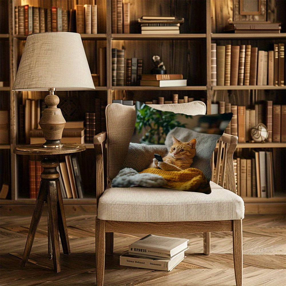 1pc Vintage-Style Throw Pillow Cover with Adorable Cat & Phone Design - Durable Polyester, Double-Sided Print, Zipper Closure, Machine Washable - Ideal for Living Room & Sofa Decor, Cat Decor