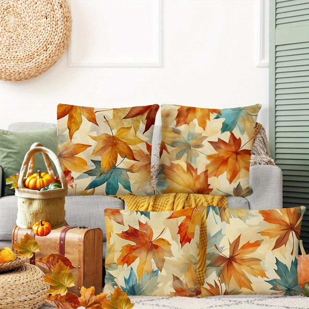 4pcs Autumn Thanksgiving Maple Leaf Printed Pillow Covers - Double-Sided Polyester Zipper Closure, Contemporary Fall Decor for Living Room, Bedroom, Sofa - Machine Washable (Pillow Inserts Not Included), Pillow Covers for Living Room, Bedroom Accents,