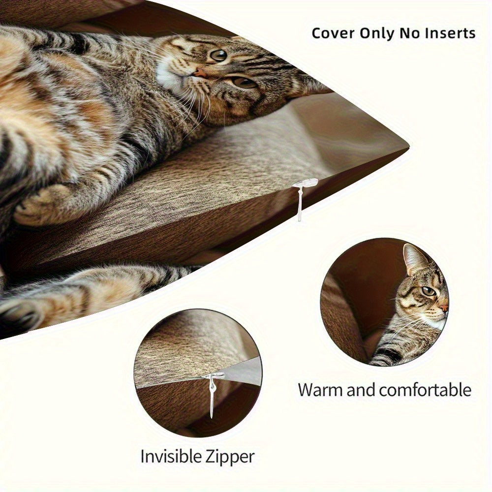 1pc 18.0x18.0inch Contemporary Lazy Cat Throw Pillow Cover - Double-Sided Print, Zipper Closure, Hand Wash Only, Polyester for Living Room, Bedroom, Sofa & Home Decor, Cat Pillow, Bedroom Accessory, Relaxed Cat Design, Smooth Texture Fabric