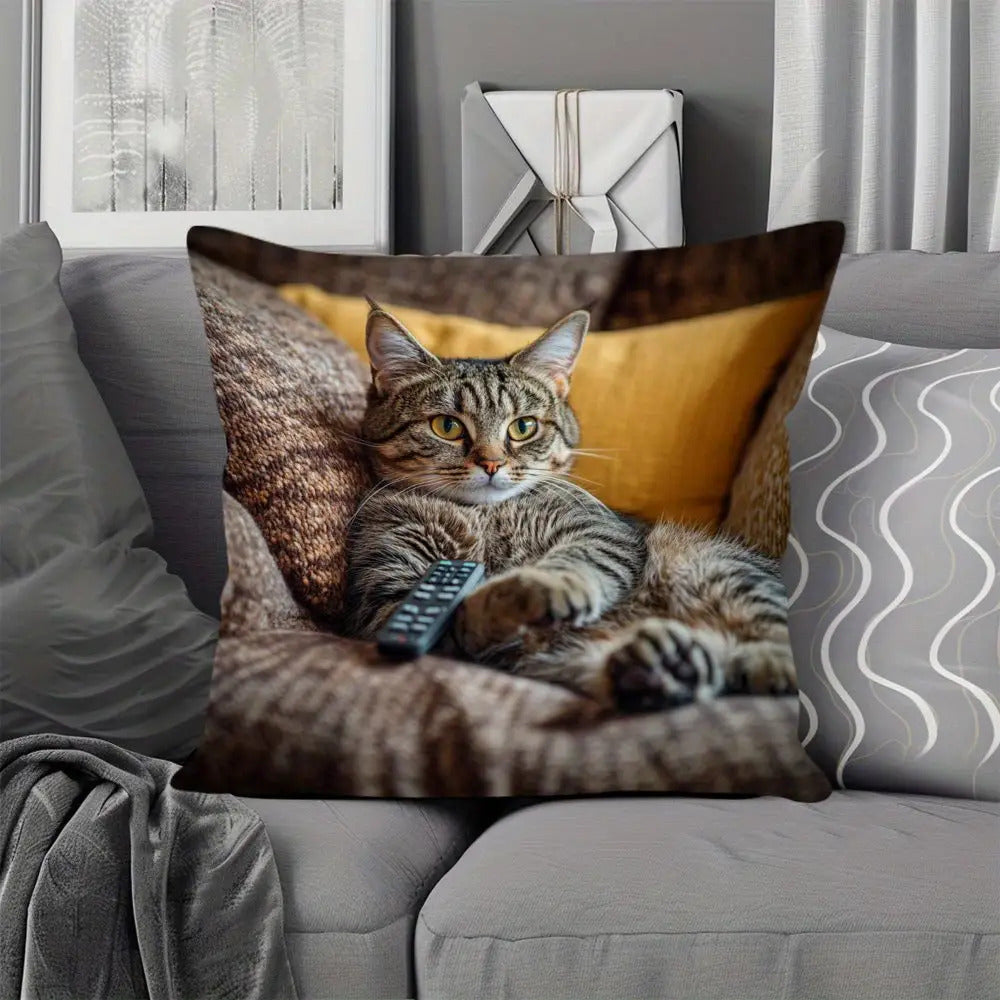Double-Sided 1pc Modern Hypoallergenic Pillowcase Cute Fat Cat and Remote Control Pattern Single-Sided Print Zipper Closure Machine Washable Suitable for Comfortable Bedroom and Living Room Decoration Fun Pattern Soft Fabric Print Cushion Home Decora