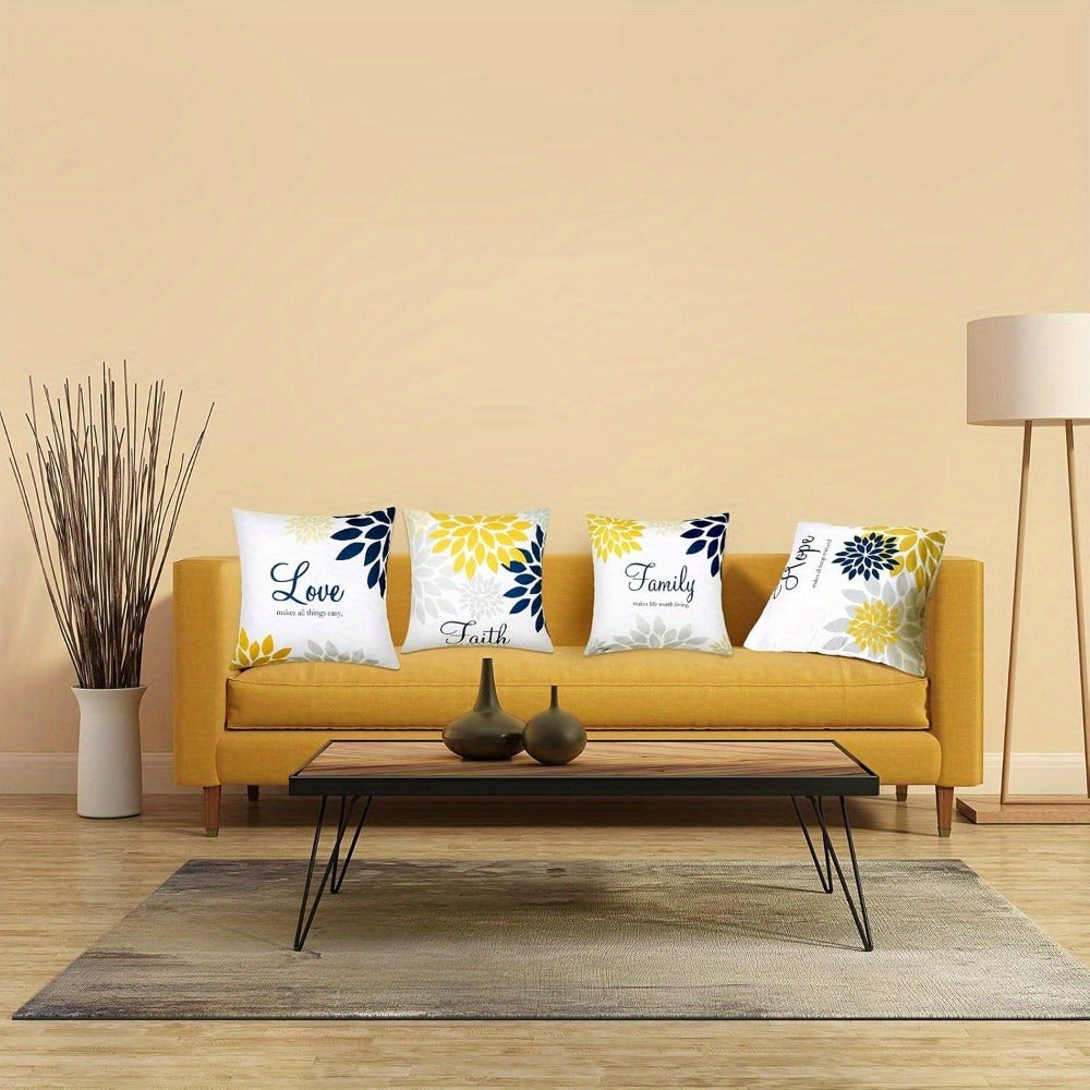 4pcs of Yellow And Navy Blue Floral Pattern Design Printed Zipper Pillowcase-Double-Sided Polyester Printed Pattern Zipper Closure Home Decoration Living Room, Bedroom And Sofa Home Decoration (Not Included in The Pillow)