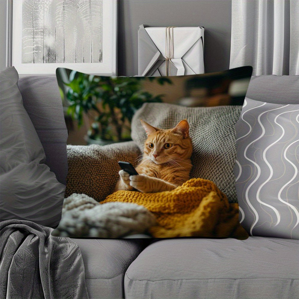1pc Vintage-Style Throw Pillow Cover with Adorable Cat & Phone Design - Durable Polyester, Double-Sided Print, Zipper Closure, Machine Washable - Ideal for Living Room & Sofa Decor, Cat Decor