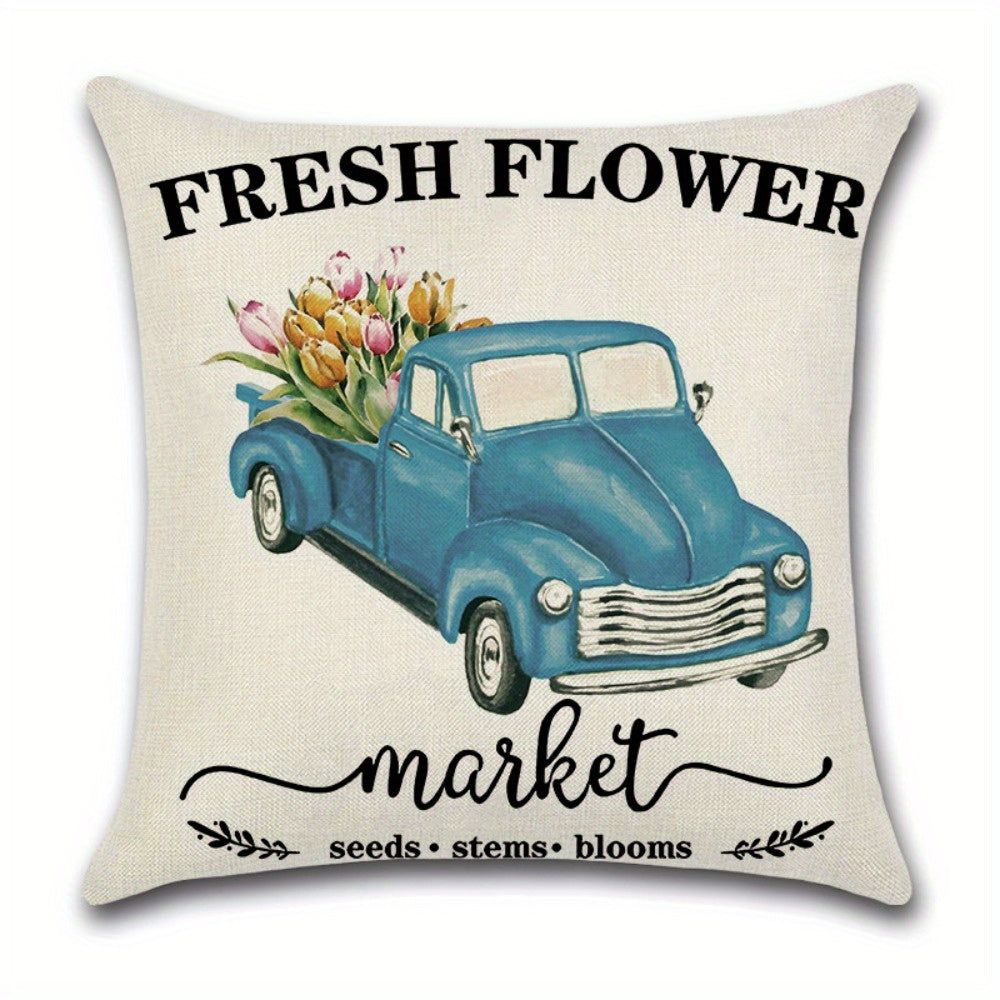4pcs Floral & Vintage Car Printed Pillow Covers - Double-Sided Polyester Zipper Closure Cushion Cases, Machine Washable Contemporary Home Decor for Living Room, Bedroom, Sofa (Pillow Inserts Not Included)