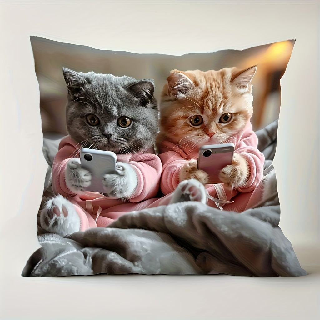 1pc Cute Gray & Orange Tabby Kittens in Pink Hoodies Using Phones Pillow Cover - Dual-Sided Printed Cushion Case with Zipper Closure, Machine Washable - Grey Background Decor for Sofa, Bed, Chair - Birthday, Thanksgiving Gift for Cat Lovers - Home Decor