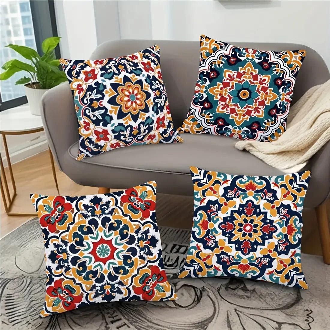 4pcs Modern Moroccan Geometric Pattern Pillow Covers- Symmetrical Carpet Texture Double-Sided Polyester Material, Zipper Closure, Machine Washable, for Living Room and Bedroom Decoration(Inner Core Not Included), Special Double-Sided Printed Cu, Extra