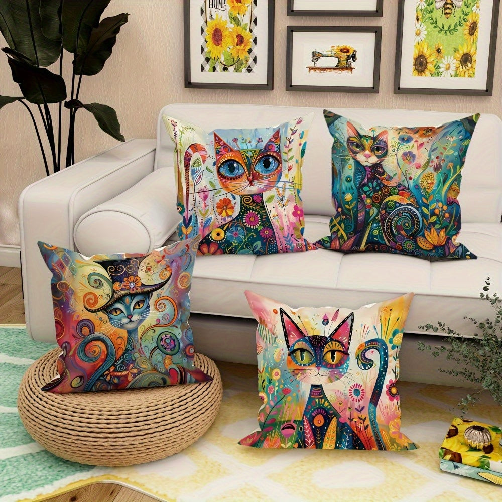 4pcs, Cat Flower Abstract Art Pattern Design Printed Zipper Pillowcase-Double-Sided Polyester Printed Pattern Zipper Closed Home Decoration Living Room, Bedroom And Sofa Home Decoration (Not Included in The Pillow)