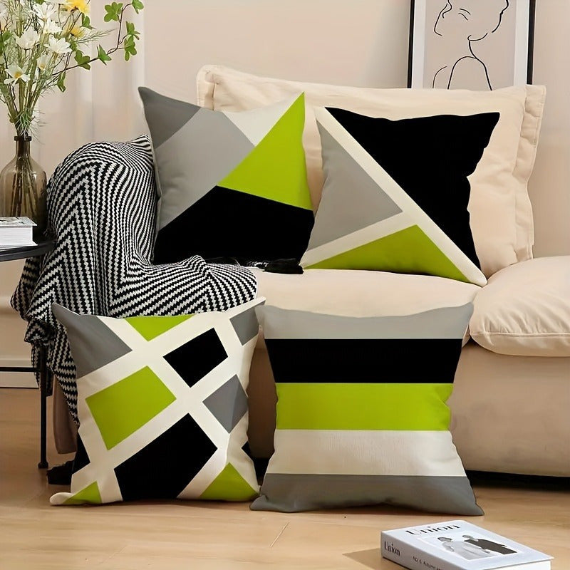 4pcs Modern Geometric Print Pillow Covers - Green Black White Gray Lime Accents, Double-Sided Soft Fabric with Zipper Closure, Hand Wash Only for Sofa Bed Living Room Bedroom Patio Car Office Decor, Pillow Covers for Living Room, Decorative Gift Item,