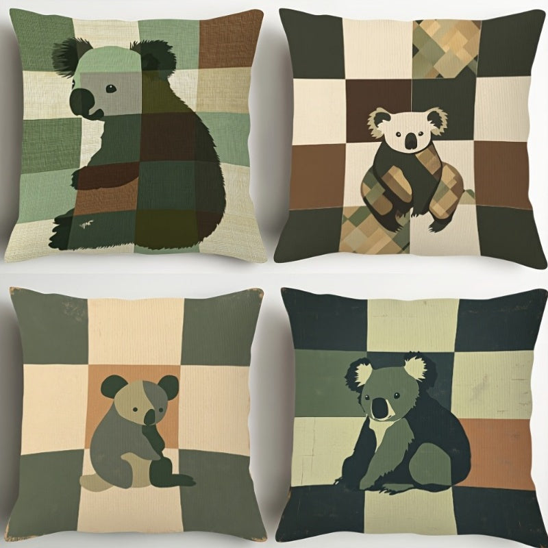 4pcs Vintage Koala Silhouette Pillow Covers, Colorful Double-Sided Print, Stitched Details, Zipper Closure, Machine Washable- Perfect for Bedroom, Living Room, Sofa, And Car Decoration(No Filling), Bedroom Decoration| Checkered Pattern| Durab, Bed Pillows