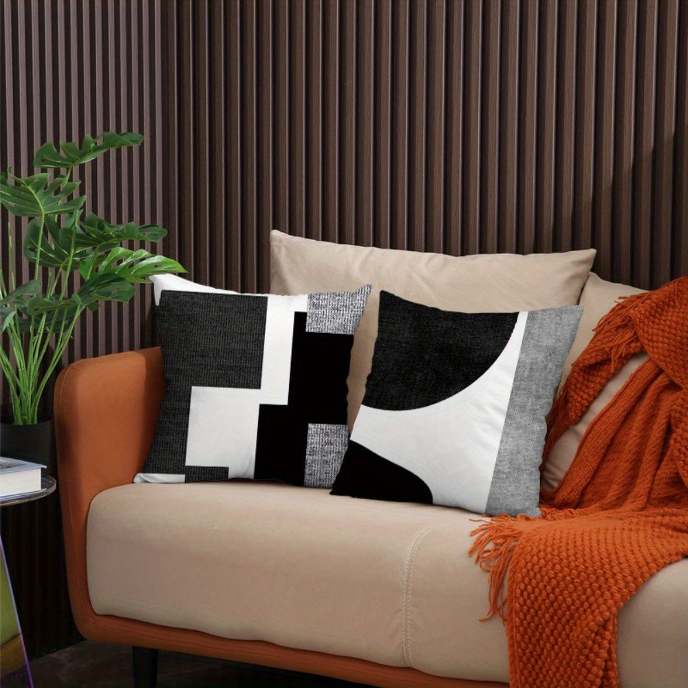 Black 4pcs Geometric Pattern Design Printed Zipper Pillowcase - Double-Sided Polyester Printed Pattern Zipper Closed Home Decoration for Living Room, Bedroom and Sofa (Pillow Not Included)