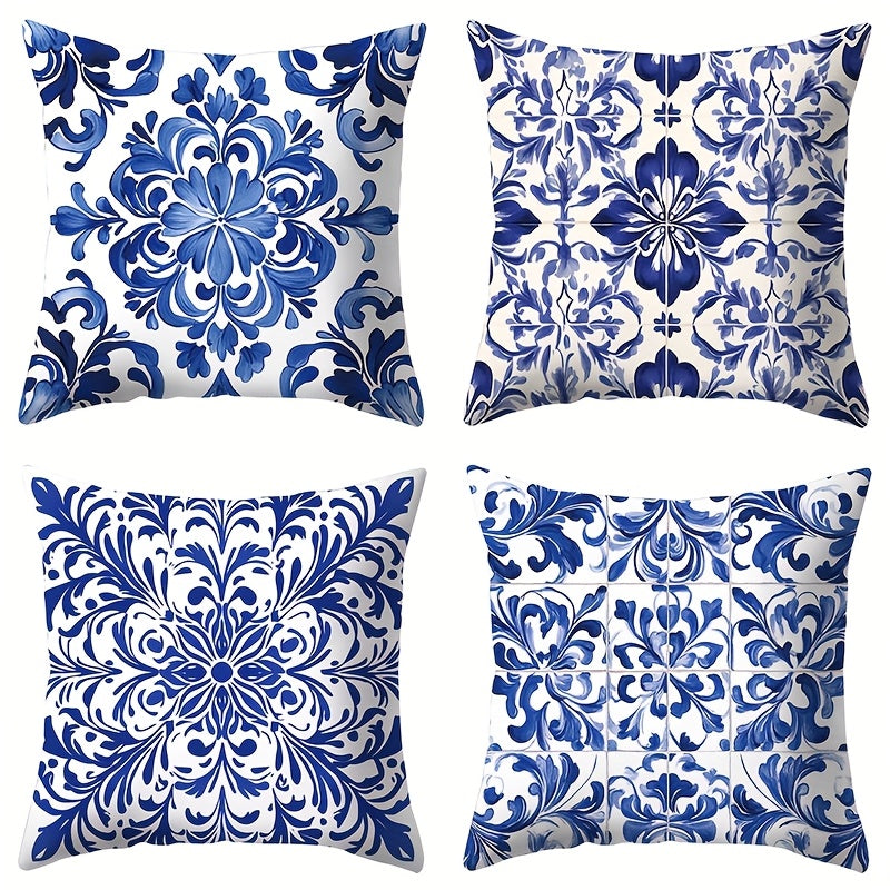4pcs, blue and white porcelain style, geometric pattern pillowcases, warm and comfortable, beautiful and practical, 17.72 inches * 17.72 inches, suitable for home sofa decoration, home accessories, bedroom zipper pillowcases (double-sided printin