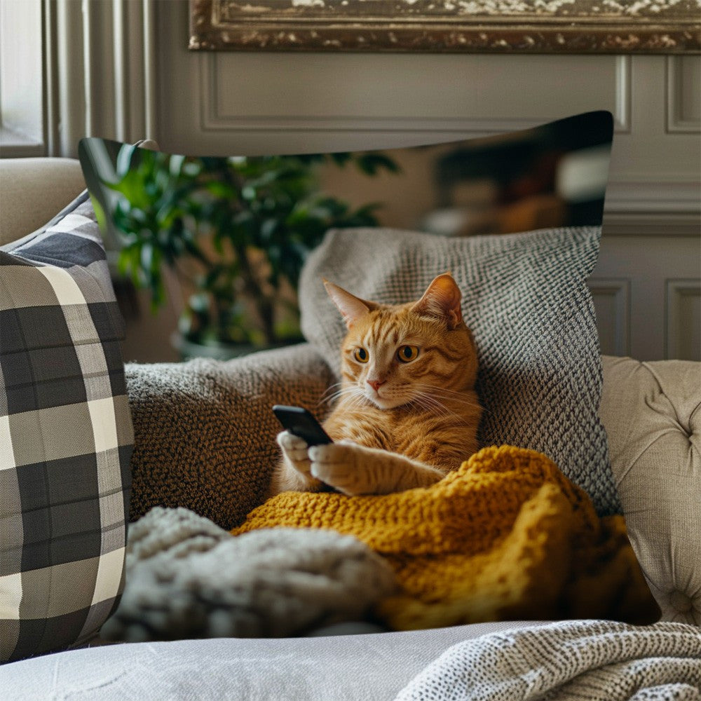 1pc Vintage-Style Throw Pillow Cover with Adorable Cat & Phone Design - Durable Polyester, Double-Sided Print, Zipper Closure, Machine Washable - Ideal for Living Room & Sofa Decor, Cat Decor