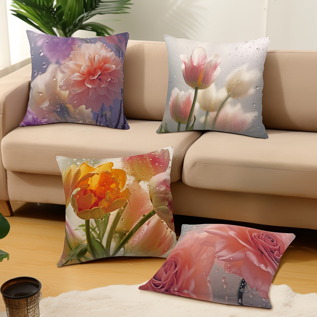 4pcs 17.72X 17.72Inch After The Rain Glass Flower Peach Skin Pillow Four-Piece Set Car Cushion Cover Living Room Sofa Bedroom Pillow Bedside Backrest Pillowcase Home Decoration Pillow Coreless Double-Sided Printing