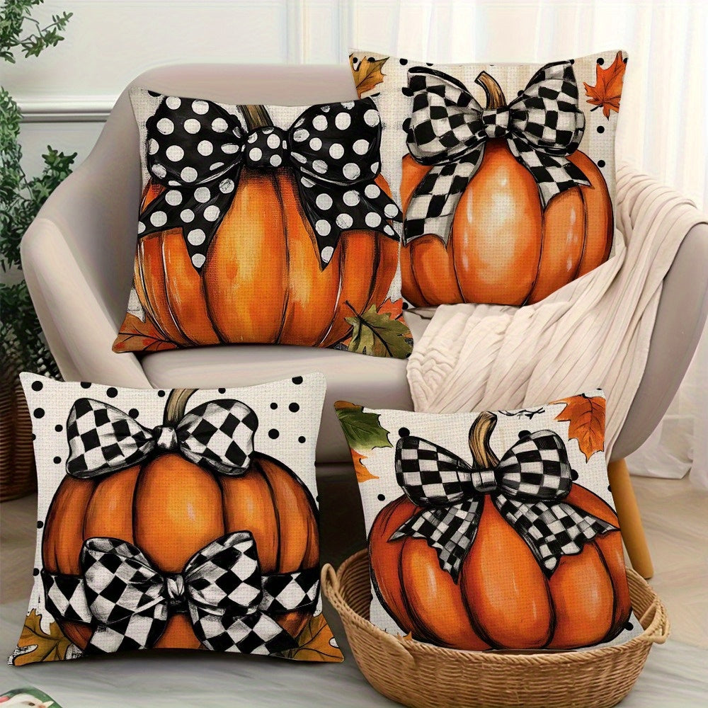 4pcs of Cartoon Niche Bow Pumpkin Printed Zipper Pillowcase-Double-Sided Polyester Printed Pattern Zipper Closed Home Decoration Living Room, Bedroom And Sofa Home Decoration (Not Included in The Pillow)